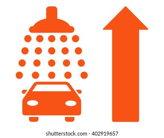 Car Shower Ahead Direction vector illustration for street advertisement. Style is orange flat symbols on a white background.