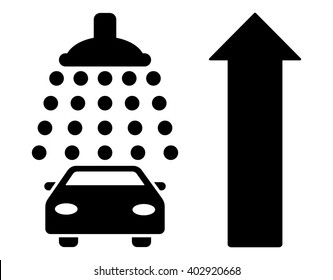 Car Shower Ahead Direction vector illustration for street advertisement. Style is black flat symbols on a white background.