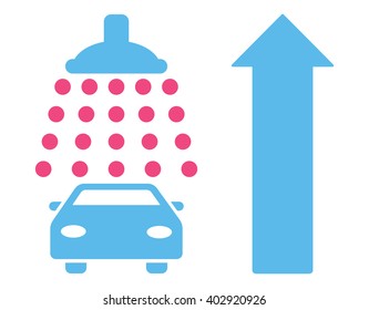 Car Shower Ahead Direction vector illustration for street advertisement. Style is bicolor pink and blue flat symbols on a white background.