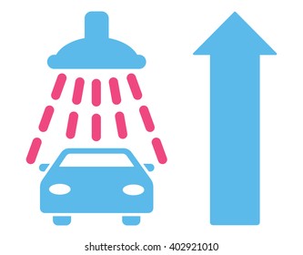 Car Shower Ahead Direction vector illustration for street advertisement. Style is bicolor pink and blue flat symbols on a white background.