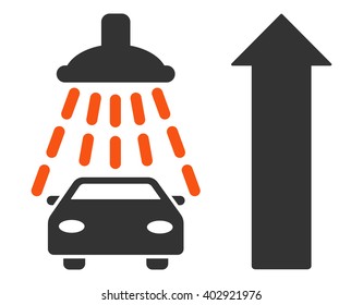Car Shower Ahead Direction vector illustration for street advertisement. Style is bicolor orange and gray flat symbols on a white background.