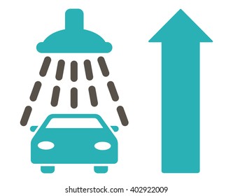 Car Shower Ahead Direction vector illustration for street advertisement. Style is bicolor grey and cyan flat symbols on a white background.