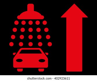 Car Shower Ahead Direction vector illustration for street advertisement. Style is red flat symbols on a black background.
