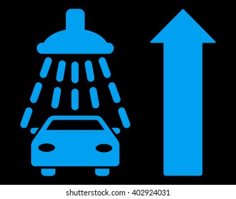 Car Shower Ahead Direction vector illustration for street advertisement. Style is blue flat symbols on a black background.