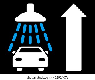 Car Shower Ahead Direction vector illustration for street advertisement. Style is bicolor blue and white flat symbols on a black background.