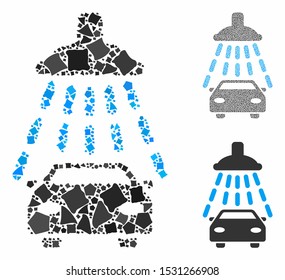 Car shower composition of ragged pieces in various sizes and color hues, based on car shower icon. Vector ragged parts are combined into collage. Car shower icons collage with dotted pattern.