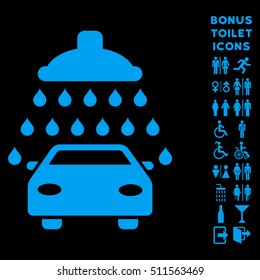 Car Shower icon and bonus man and female restroom symbols. Vector illustration style is flat iconic symbols, blue color, black background.