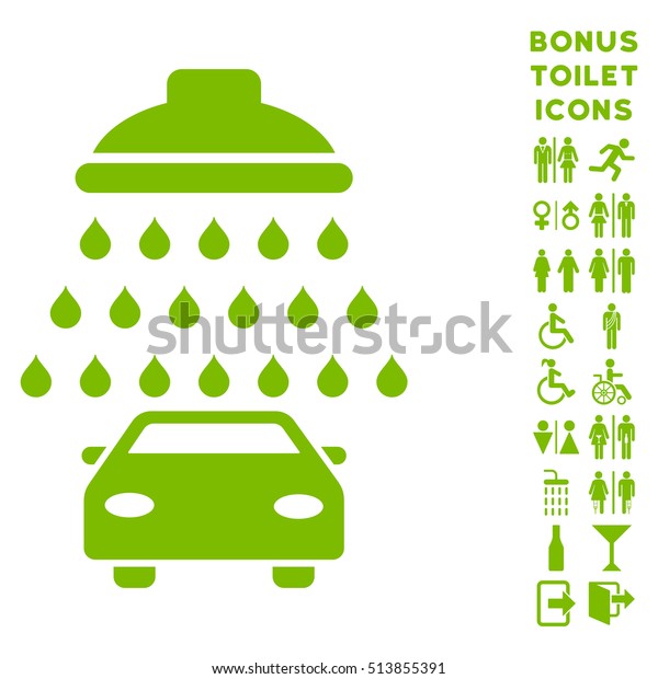 Car Shower icon and bonus man and lady\
lavatory symbols. Vector illustration style is flat iconic symbols,\
eco green color, white\
background.