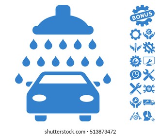 Car Shower icon with bonus settings design elements. Vector illustration style is flat iconic cobalt symbols on white background.
