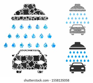 Car shower mosaic of humpy items in different sizes and color hues, based on car shower icon. Vector humpy parts are organized into collage. Car shower icons collage with dotted pattern.