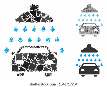 Car shower mosaic of joggly elements in various sizes and shades, based on car shower icon. Vector tremulant elements are composed into mosaic. Car shower icons collage with dotted pattern.