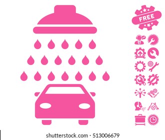 Car Shower pictograph with bonus service pictograms. Vector illustration style is flat iconic pink symbols on white background.
