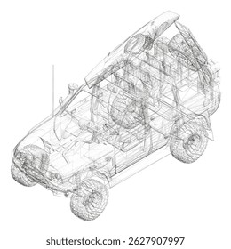 Un coche se muestra en un dibujo en blanco y negro. El coche es una camioneta con una puerta trasera. El coche se muestra desde el lateral y la parte delantera. Vista isométrica. 3D