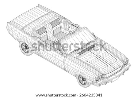 A car is shown in a black and white drawing. The car is a convertible with a sunroof. The car is shown in a very detailed manner, with every part of the car clearly visible. Isometric view. 3D