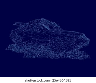 Car is shown in a blue background with a lot of detail. The car is a sports car and is shown in a wet environment. Scene is one of excitement and adventure