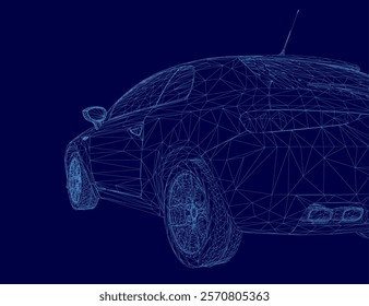 Car is shown in a blue background with a lot of detail. The car is a modern design with a lot of lines and curves. Scene is futuristic and sleek