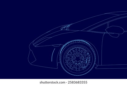 A car is shown in a blue background with a wheel. Wheel is a close up of the tire. The image is a stylized representation of the car and wheel