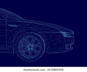 Car is shown in a blue background with a wireframe style. The car is a modern design with a sleek and aerodynamic shape. The blue background adds a sense of depth and contrast to the image