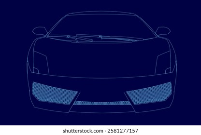 A car is shown in a blue color with a blue background. The car is a sports car and is shown in a futuristic style
