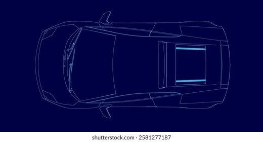 A car is shown in a blue color with a blue background. The car is shown in a stylized way, with a lot of lines and shapes. Scene is futuristic and sleek, with a sense of motion and speed