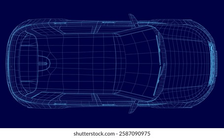 A car is shown in a blue color with a futuristic look. The car is shown in a 3D format, giving it a sleek and modern appearance. Concept of innovation and progress. Top view