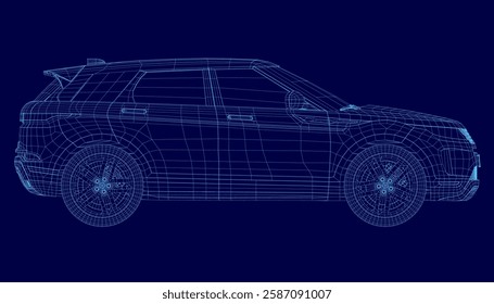 A car is shown in a blue color with a futuristic look. The car is a blue hatchback with a futuristic design. Side view