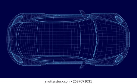 A car is shown in a blue color with a futuristic look. The car is shown in a 3D format, giving it a sleek and modern appearance. Concept of innovation and progress. Top view