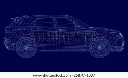A car is shown in a blue color with a futuristic look. The car is a blue hatchback with a futuristic design. Side view