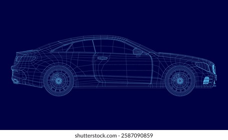 A car is shown in a blue color. The car is a modern car with a futuristic design. The car is shown in a digital format, which gives it a futuristic and sleek appearance. Side view