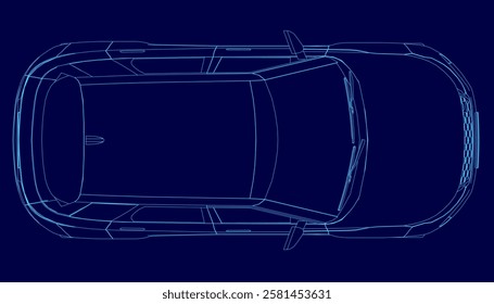 A car is shown in a blue color. The car is moving fast and it looks like it is in motion. Top view