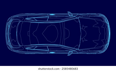 A car is shown in a blue color scheme. The car is a modern design with a sleek and aerodynamic shape. The blue color scheme gives the car a futuristic and high-tech appearance. Top view