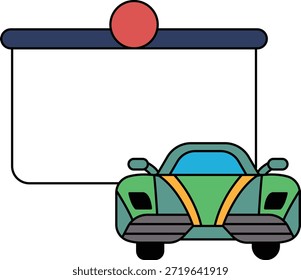Um carro é mostrado em um fundo preto com uma moldura branca. O carro é um carro esportivo e está estacionado em frente a uma tela de projetor