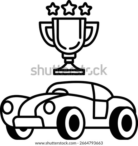 A car is shown with a trophy and a cup. The trophy is placed on top of the car, and the cup is located underneath it. Concept of achievement and success, as the car