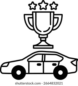Un coche se muestra con un trofeo encima de él. El trofeo está rodeado por tres estrellas. Concepto de logro y éxito