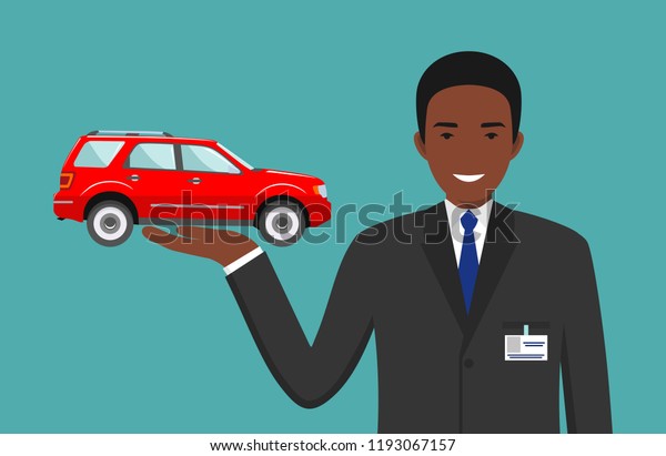 \
Car\
showroom. Big sale. Manager sells new business class automobile. \
Detailed illustration of african american businessman and red auto\
in flat style. Dealer with a car in his\
hand.\
