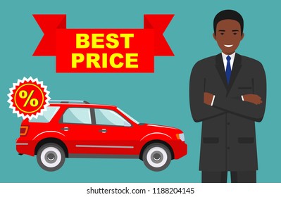 Car showroom. Big sale. Smiling manager sells new business class automobile. Detailed illustration of african american businessman and red auto in flat style. Dealer with car.