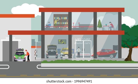 Car showroom building. showroom or dealership. Rest area service while waiting for car repairs. Receiving a car for inspection by a skilled technician. Service point on the road.