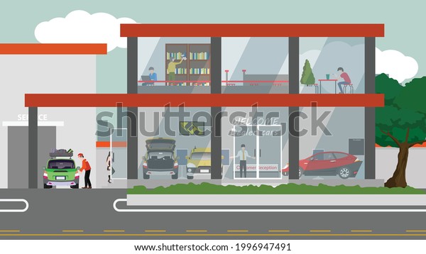 Car\
showroom building. showroom or dealership. Rest area service while\
waiting for car repairs. Receiving a car for inspection by a\
skilled technician. Service point on the\
road.
