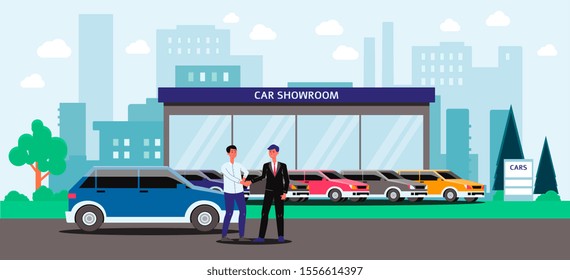 Car showroom - cartoon man buying a blue car from seller in costume, exterior of automobile dealership building with colorful vehicles parked outside - flat vector illustration banner
