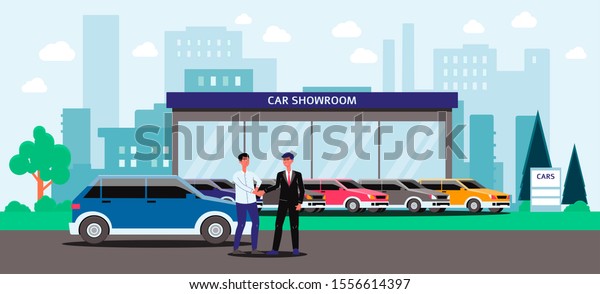 Car\
showroom - cartoon man buying a blue car from seller in costume,\
exterior of automobile dealership building with colorful vehicles\
parked outside - flat vector illustration\
banner