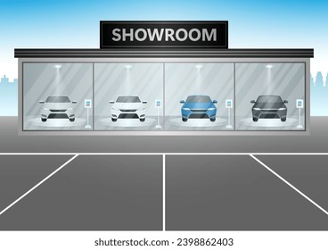 Car Showroom. Car Center Service. Buying New Car Concept. Vector Illustration. 