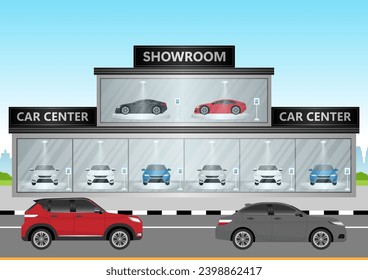 Car Showroom. Car Center Service. Buying New Car Concept. Vector Illustration. 