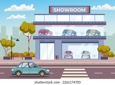 Concepto de vendedor de coches en el centro de tiendas de venta de coches. Ilustración del diseño gráfico del vector
