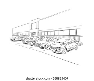 Car showroom exterior design sketch. Hand drawn vector illustration