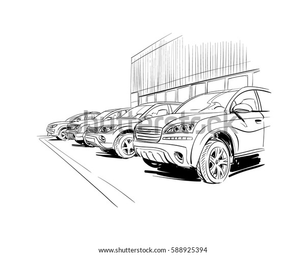 Car showroom exterior design sketch. Hand\
drawn vector illustration