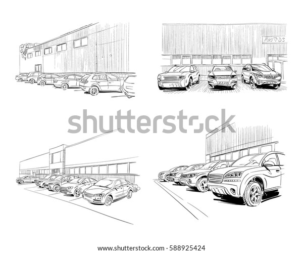 Car showroom exterior design sketch. Hand\
drawn vector illustration