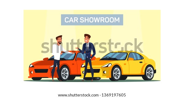 Car\
showroom flat vector illustration. Man buying new luxury vehicle.\
Car dealership service. Auto buyer and seller cartoon characters.\
Shop consultant helping customer choosing\
automobile