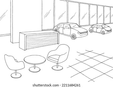 Car showroom graphic black white store interior sketch illustration vector 