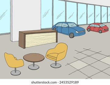 Car showroom graphic color store interior sketch illustration vector 