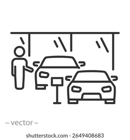 car showroom icon, dealership agent, new vehicles, sale auto transport, cars dealer, thin line symbol on white background, editable stroke vector illustration eps10